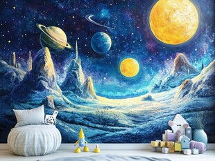 梦幻星空主题儿童房背景墙