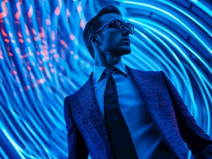 时尚男士置身炫彩光影空间