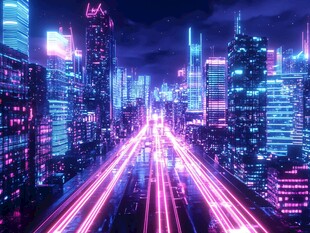 霓虹闪烁的未来都市夜景