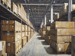 仓库内景 堆满货物的货架