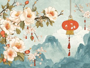 中式山水间的繁花与灯笼