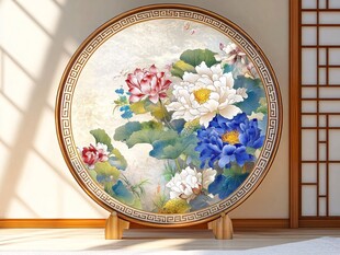 中式圆形荷花屏风画