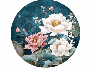 圆形荷花花卉中式插画