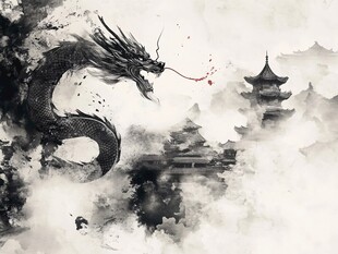 水墨祥龙伴古风建筑