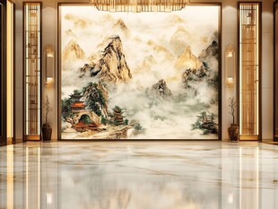中式山水玄关壁画大气场景