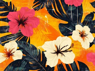 热带花卉与叶的绚丽图案