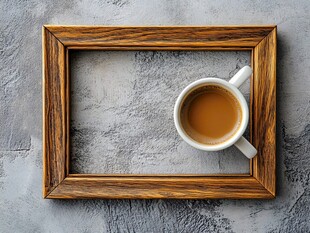 木框旁的咖啡杯