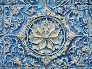 蓝白雕花瓷砖艺术纹理