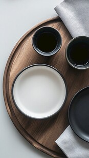 简约木质盘上的餐具组合