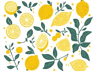 柠檬插画 清新水果与枝叶