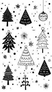 黑白圣诞树木雪花装饰图