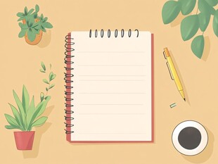 空白笔记本与绿植文具场景