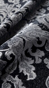 奢华黑银花纹绒布面料