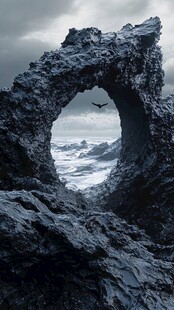 海蚀洞景观中的飞鸟与波涛