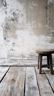 老旧木凳与斑驳墙面场景