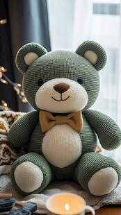 绿色针织小熊玩偶暖光场景