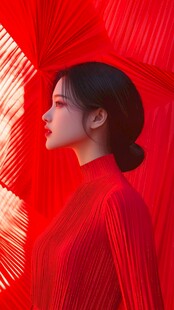红衣女子侧颜尽显东方韵味