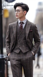 帅气型男身着格子西装街景