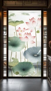 中式屏风上的清雅荷花图