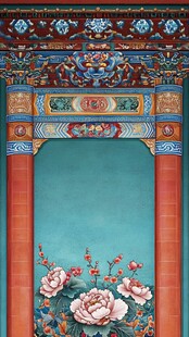 中式古典门框与花卉装饰
