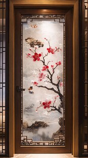 中式花鸟艺术玻璃门