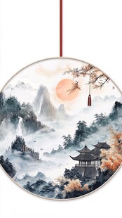 中式山水圆形挂画意境美