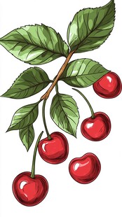 手绘红樱桃与绿叶枝桠