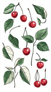 手绘樱桃与绿叶插画素材