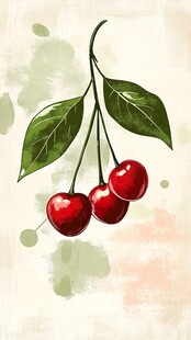 水彩风悬挂的鲜红樱桃