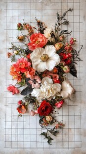 多彩花卉组合于网格背景