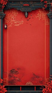 中式喜庆红底边框背景图