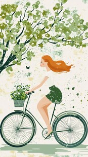 女孩骑行在绿荫之下