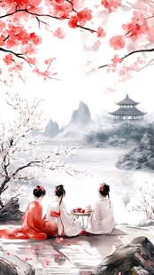 三位佳人赏景品茶图