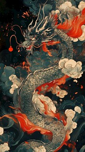 水墨蛟龙腾云吐焰图