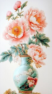 青花瓷瓶插盛放娇艳牡丹