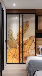 卧室中式风玻璃叶脉移门