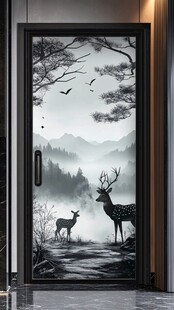 门绘山林鹿影意境图