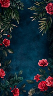 蓝底玫瑰绿叶边框背景图
