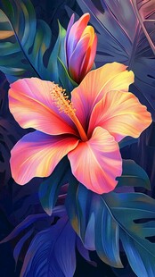 梦幻绚烂的芙蓉花插画