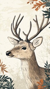 手绘麋鹿头像与自然植物