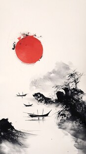 水墨丹青中的红日扁舟