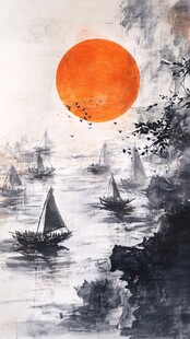 落日下的水墨江上行舟图
