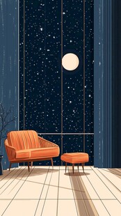 窗边橙椅赏月夜星空