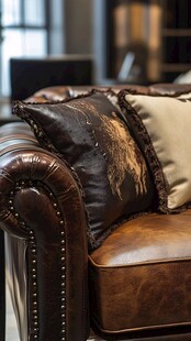 复古真皮沙发与精美抱枕