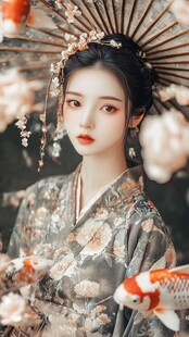 古风佳人持伞赏锦鲤
