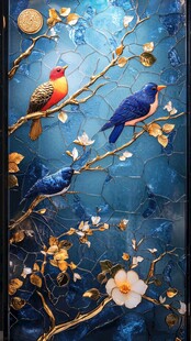 蓝底花鸟精致艺术画作