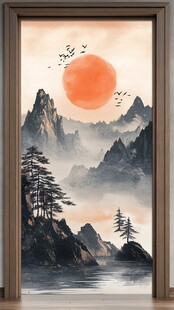 中式山水落日意境门画