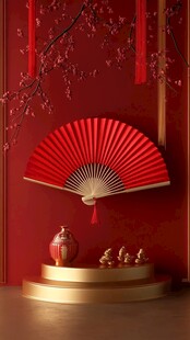 中式红扇典雅摆件展示
