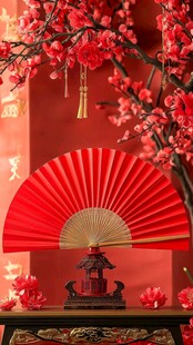 中式红扇与繁花喜庆场景