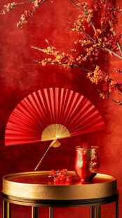 中式红韵 折扇红梅共雅景